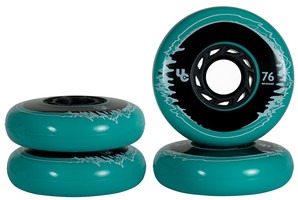 Four teal UnderCover Cosmic Interference inline skate wheels of 76 mm and 86A durometer with urban radius